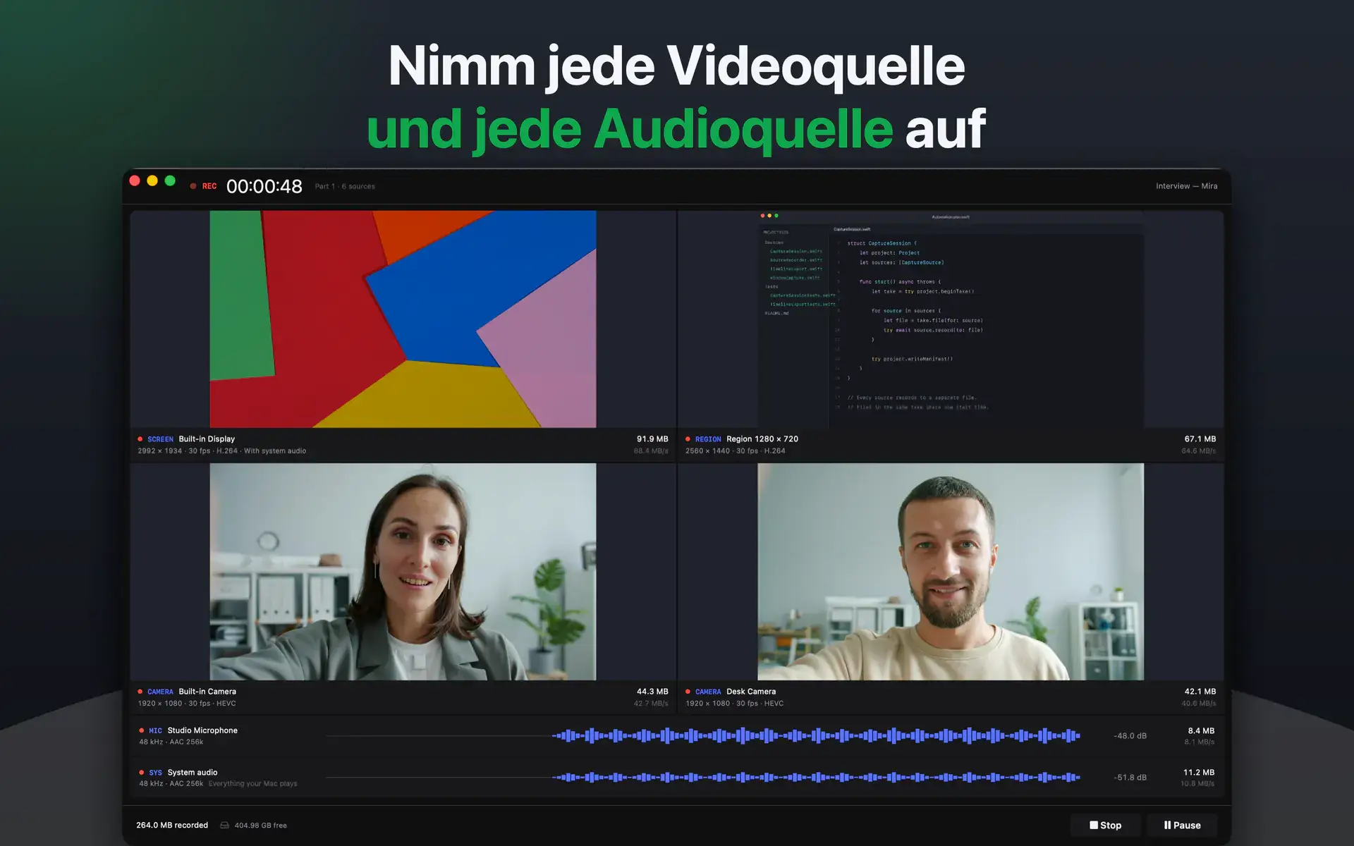 Nimm jede Videoquelle und jede Audioquelle auf