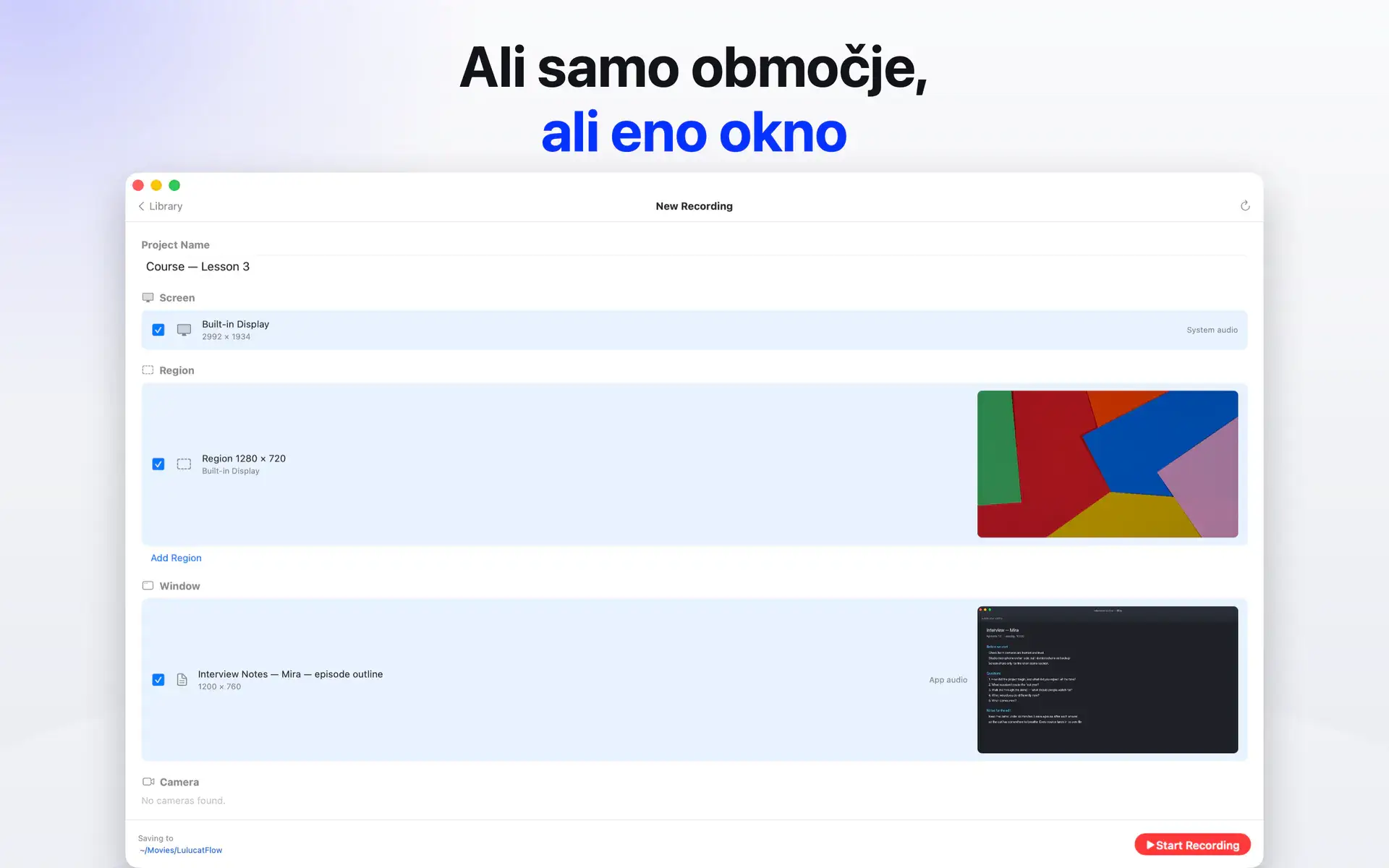 Ali samo območje, ali eno okno